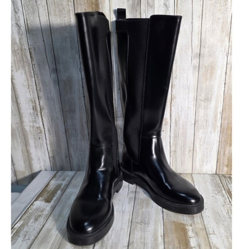 H&M Black Faux Leather Knee High Boots Chunky Sole Elastic Panel Size 38 - Picture 1 of 9